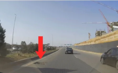 90-lıq yolda təhlükə: Maşın bu çuxura düşsə salamat çıxmaz