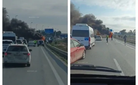 SON DƏQİQƏ: Saray postunun yaxınlığında avtobus yanır